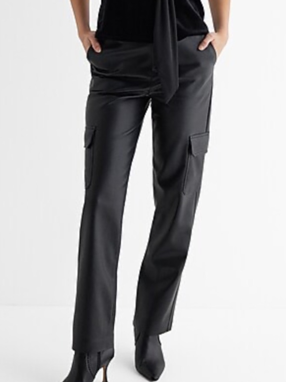 Express Black Faux Leather Straight-Leg Cargo Pants